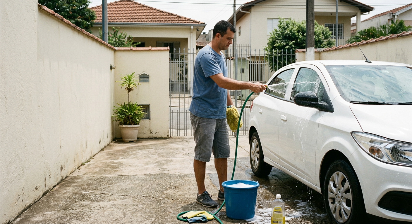 Pessoa lavando um carro popular em uma garagem residencial